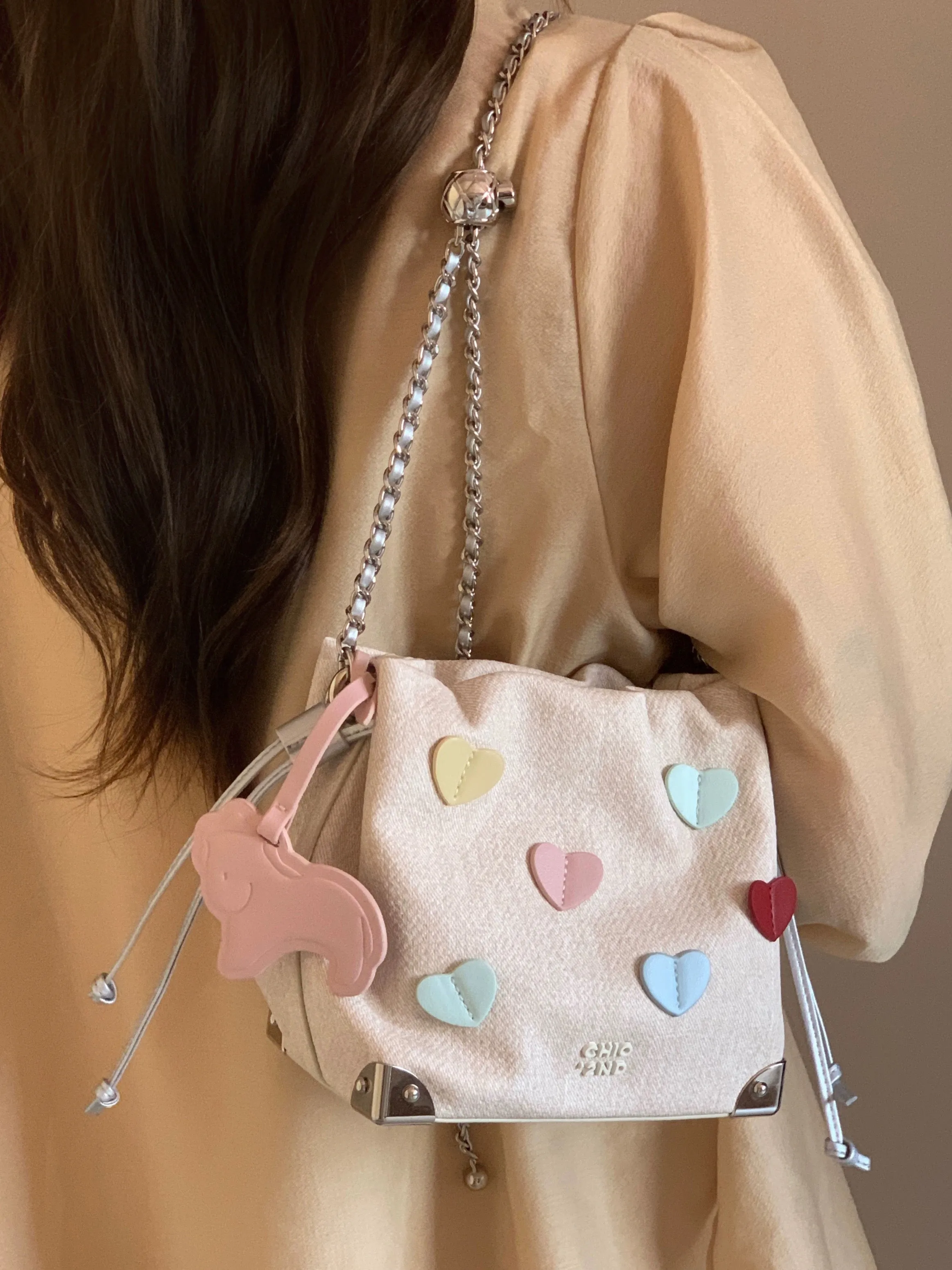 Nanfeng Chio2nd sweet confession bucket bag for girls 2024 new summer peach heart chain crossbody bag