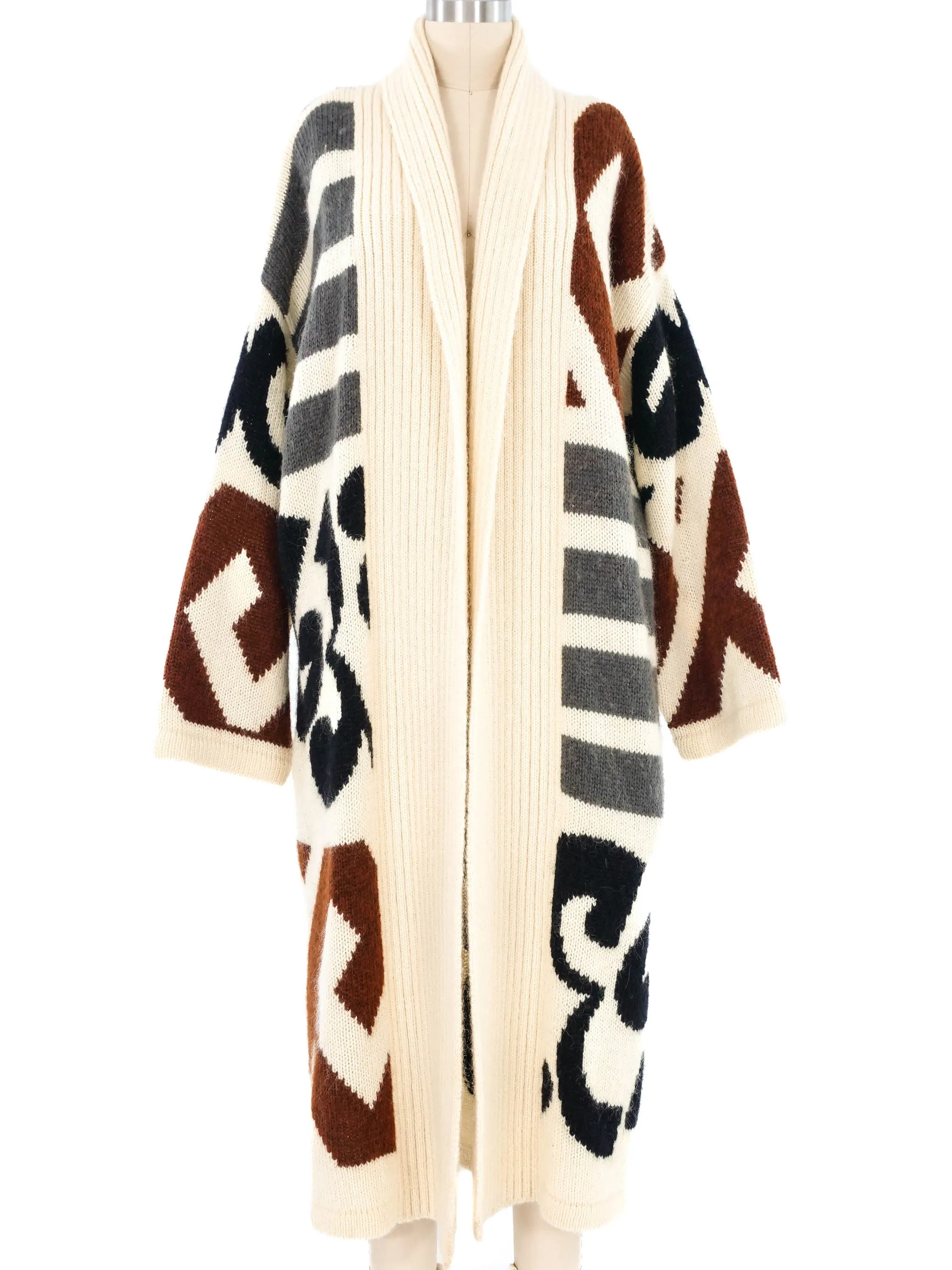 Neutral Graphic Patterned Knit Maxi Cardigan