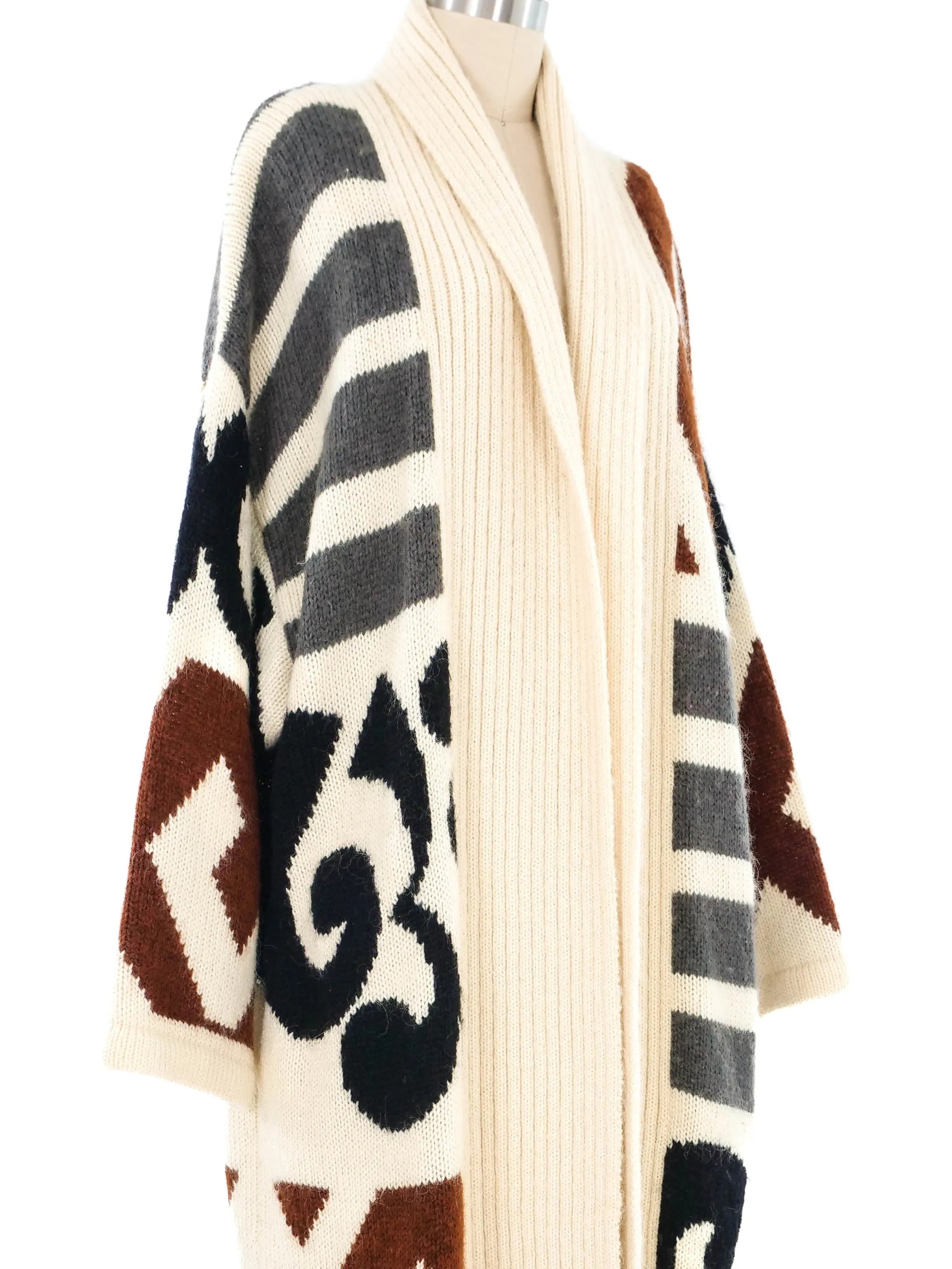 Neutral Graphic Patterned Knit Maxi Cardigan