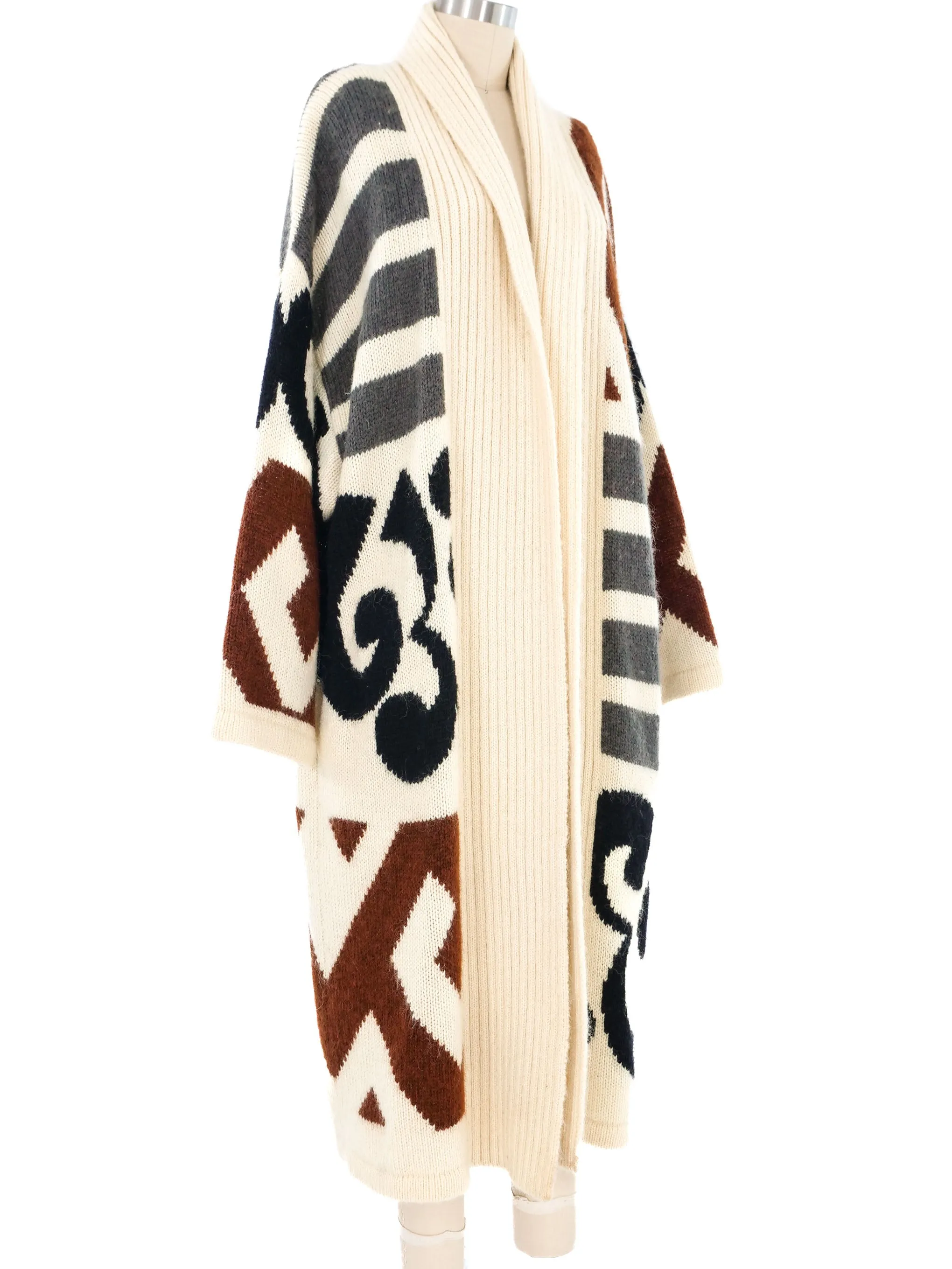 Neutral Graphic Patterned Knit Maxi Cardigan