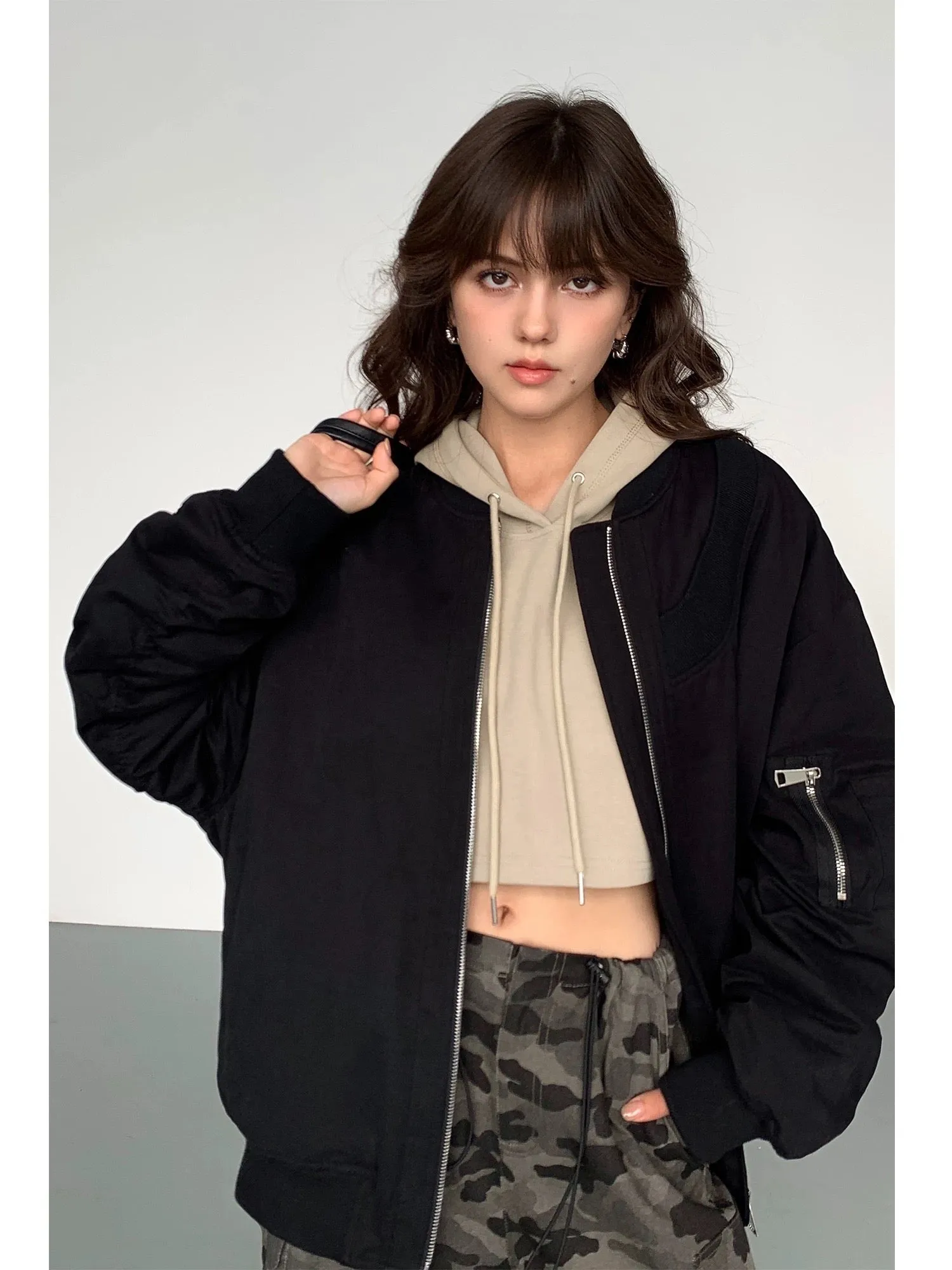 NEVA HU black baseball cotton jacket for women 2024 autumn and winter new loose casual quilted bomber jacket