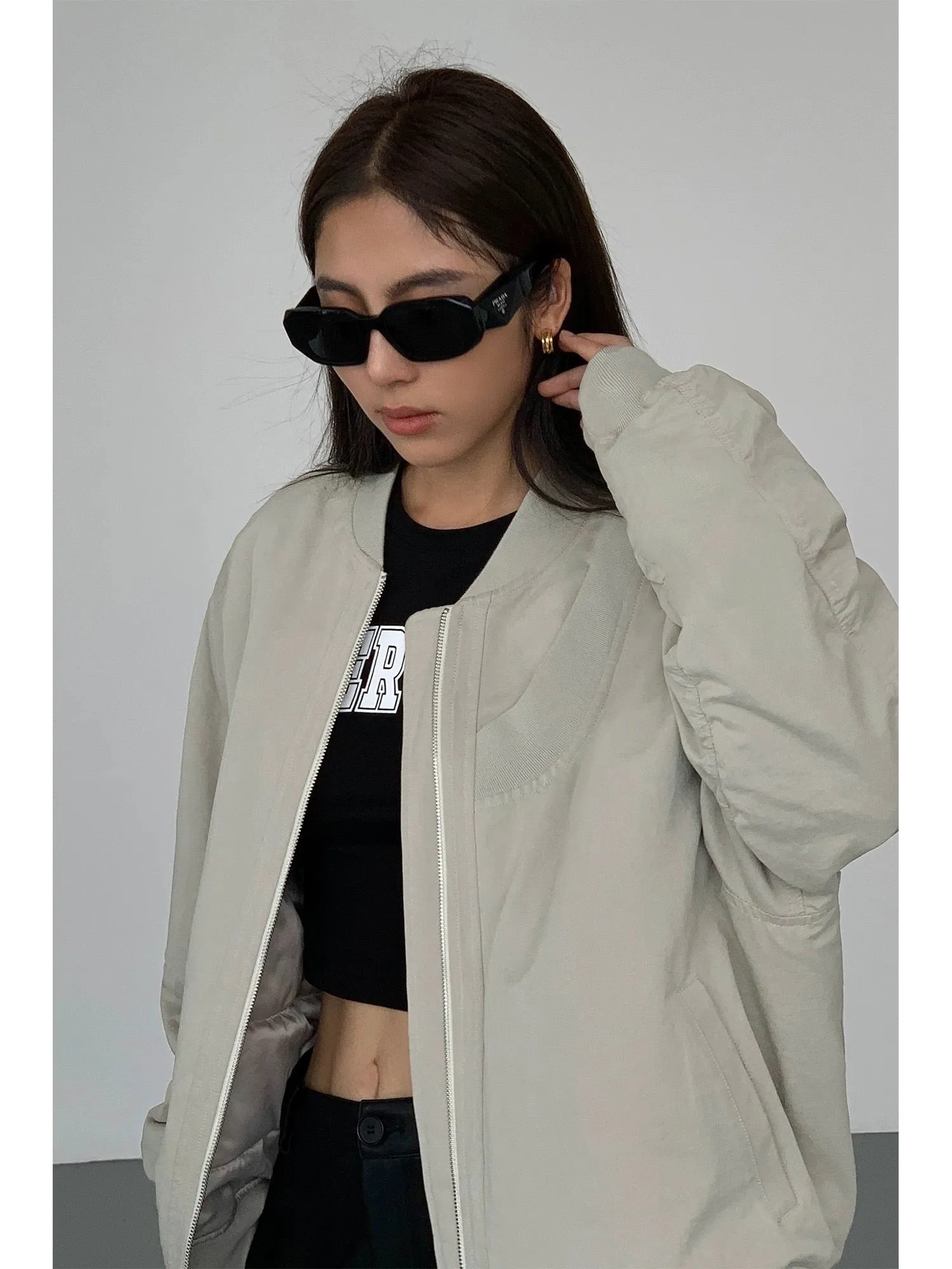 NEVA HU black baseball cotton jacket for women 2024 autumn and winter new loose casual quilted bomber jacket