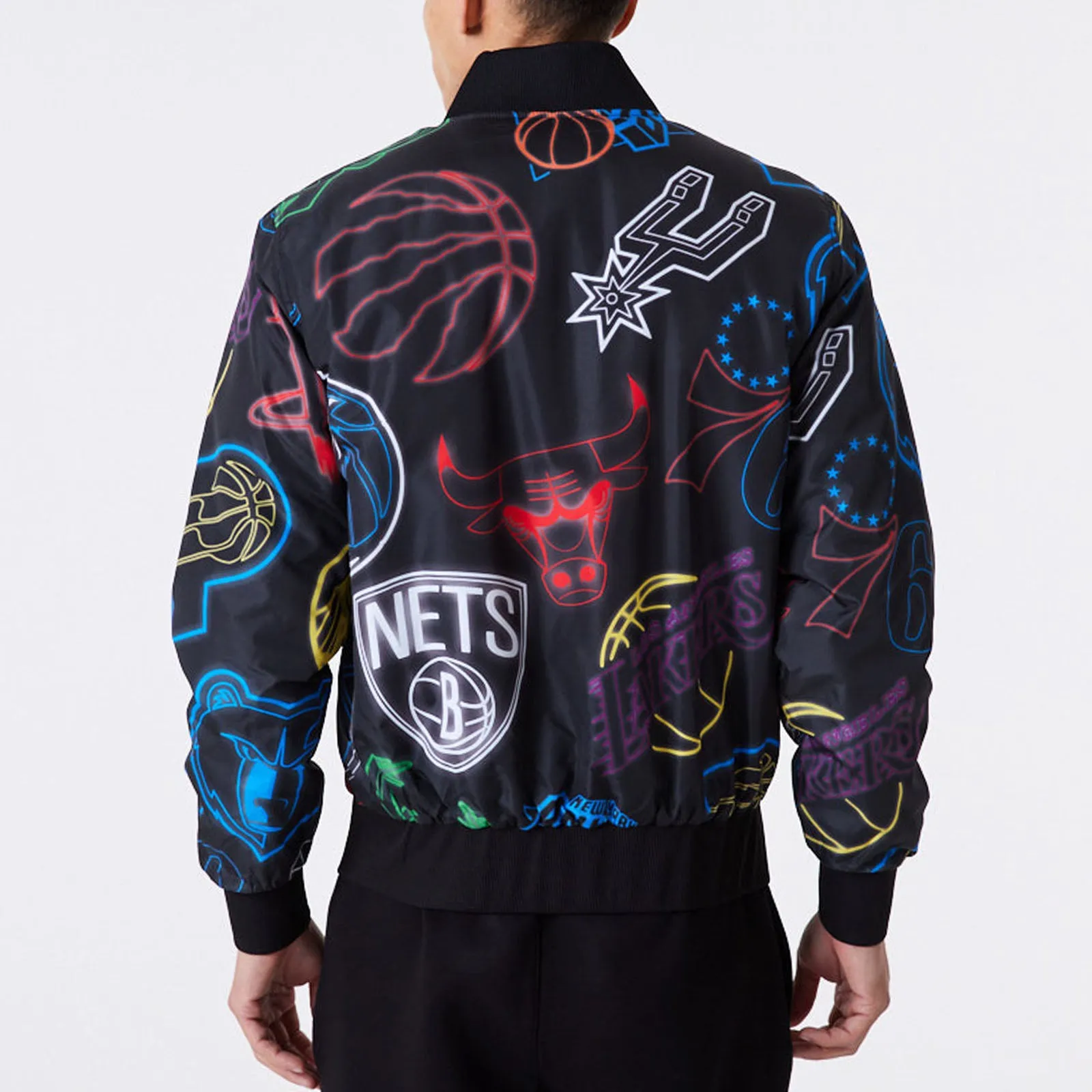 New Era Mens NBA All Over Print Graphic Bomber Jacket - Black