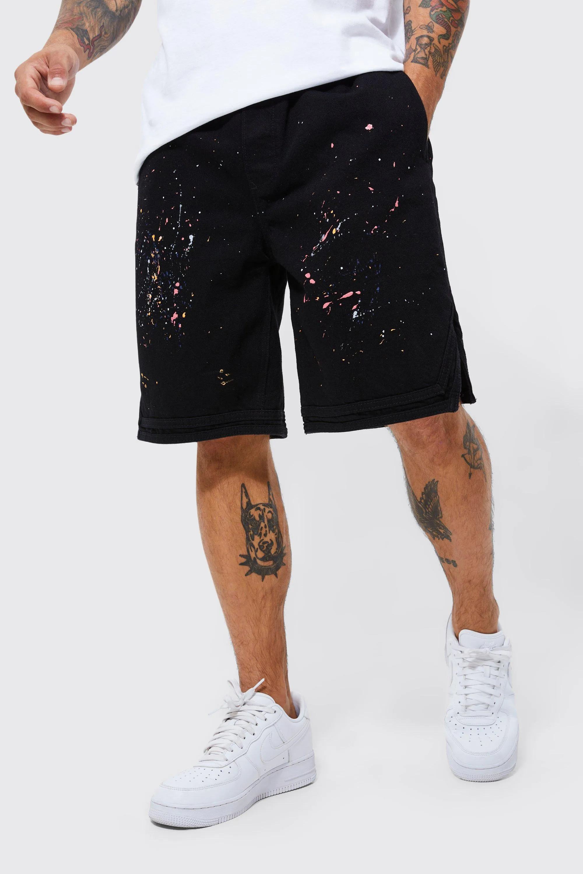 Paint Splatter Denim Basketball Short | boohooMAN UK