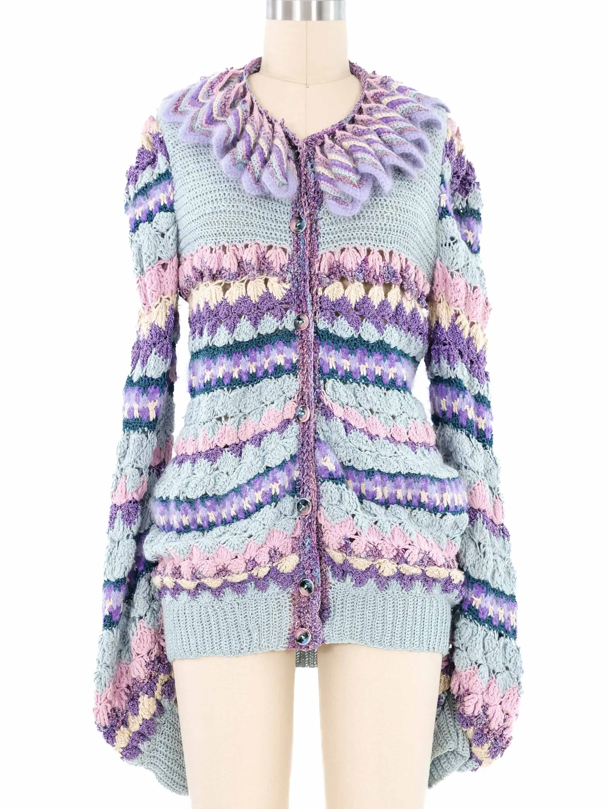 Pastel Art To Wear Ruffle Collar Crochet Cardigan