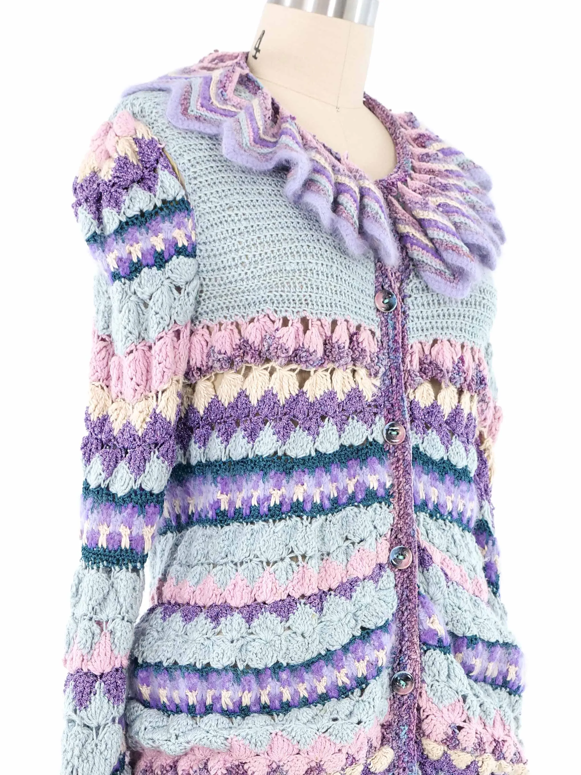 Pastel Art To Wear Ruffle Collar Crochet Cardigan