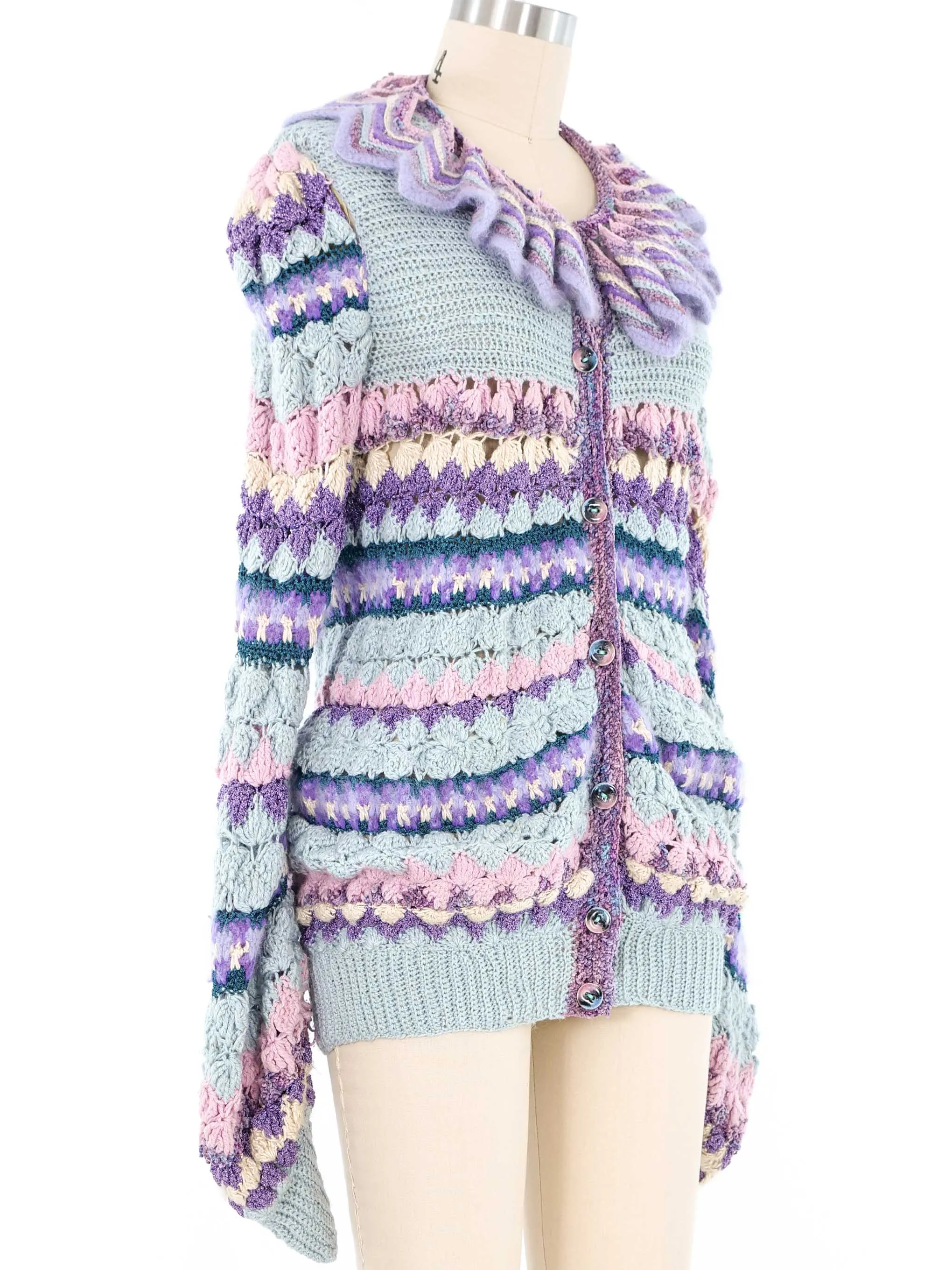 Pastel Art To Wear Ruffle Collar Crochet Cardigan