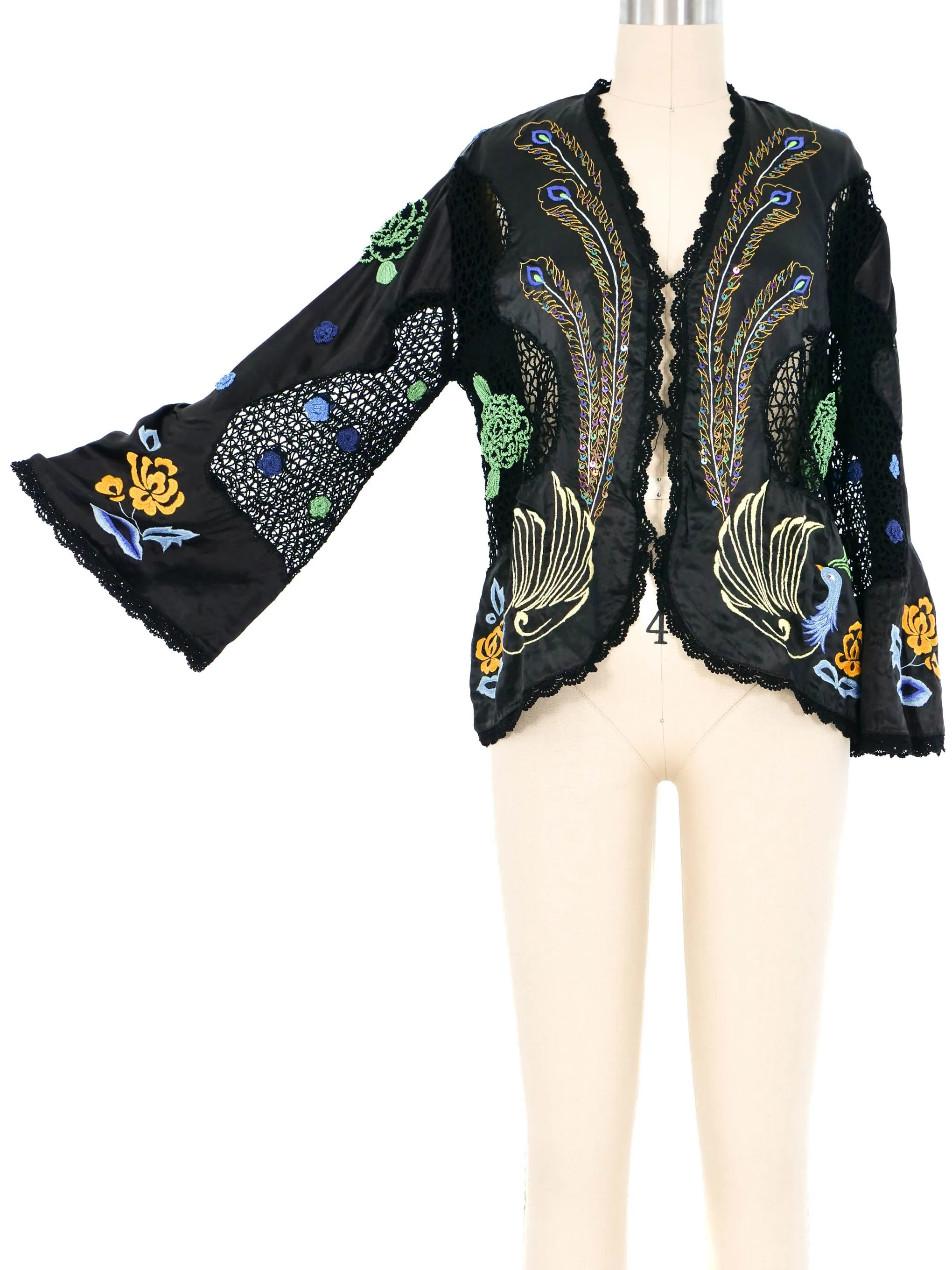 Peacock Embroidered Silk Crochet Cardigan