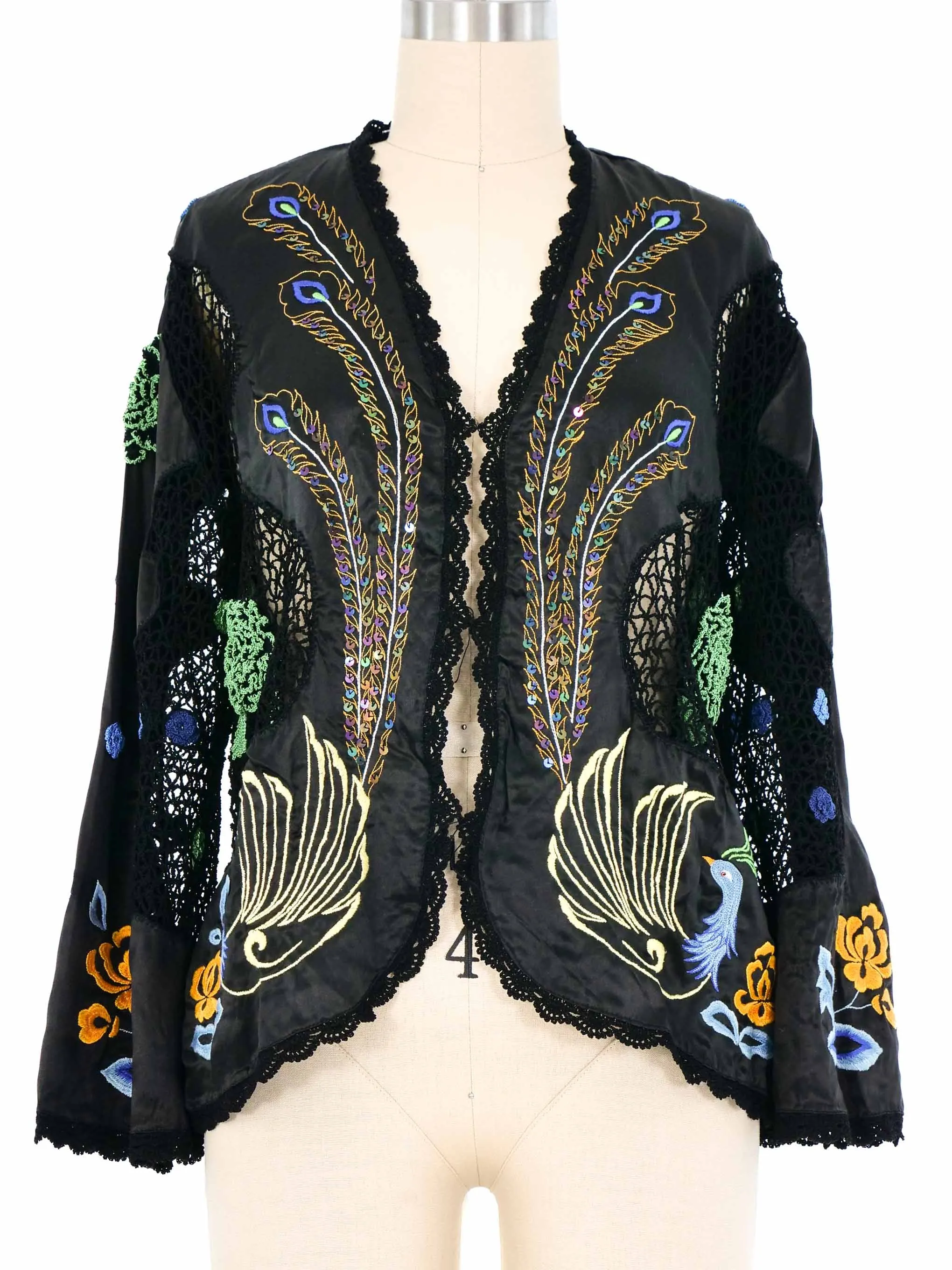 Peacock Embroidered Silk Crochet Cardigan