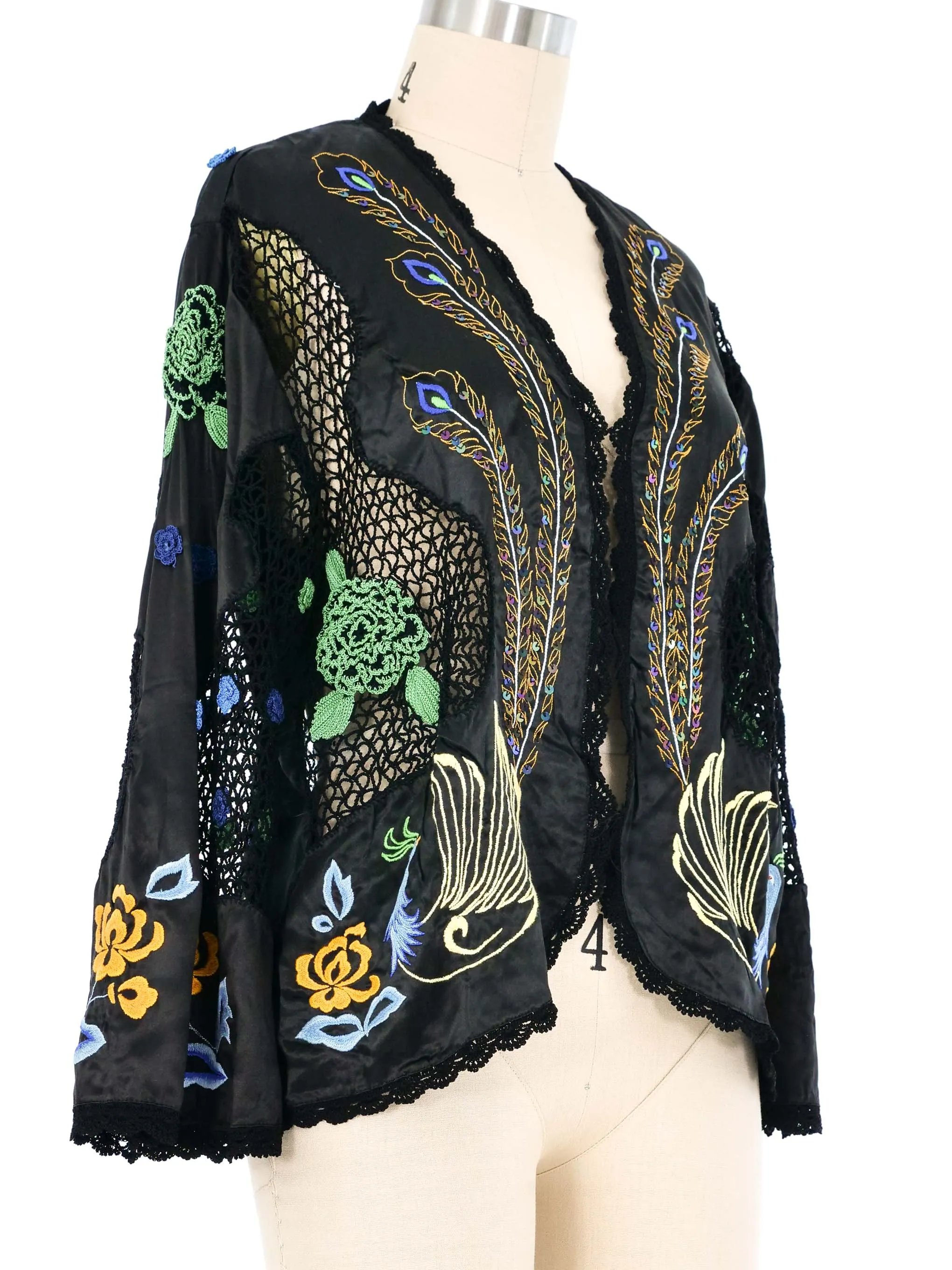 Peacock Embroidered Silk Crochet Cardigan