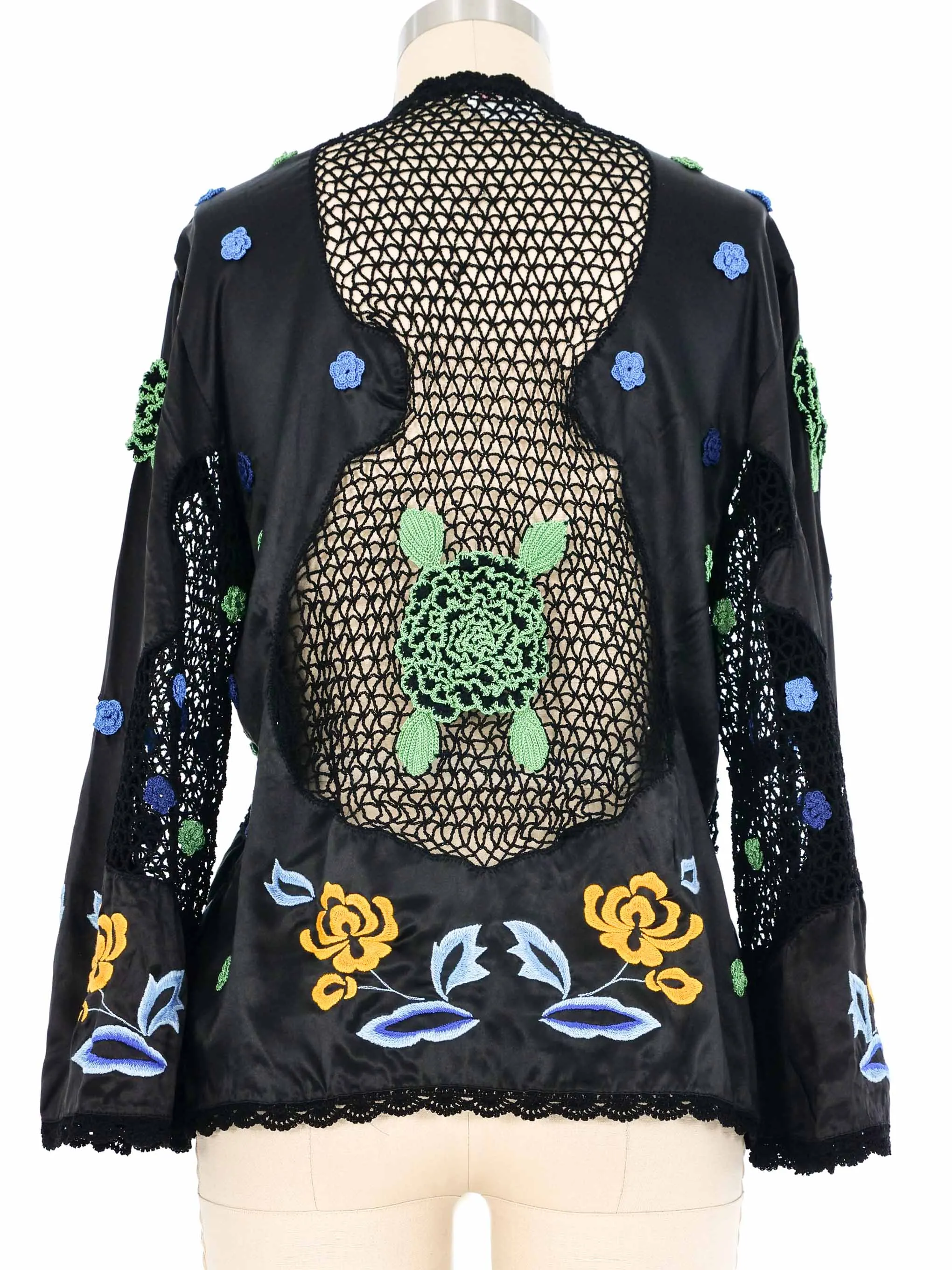 Peacock Embroidered Silk Crochet Cardigan