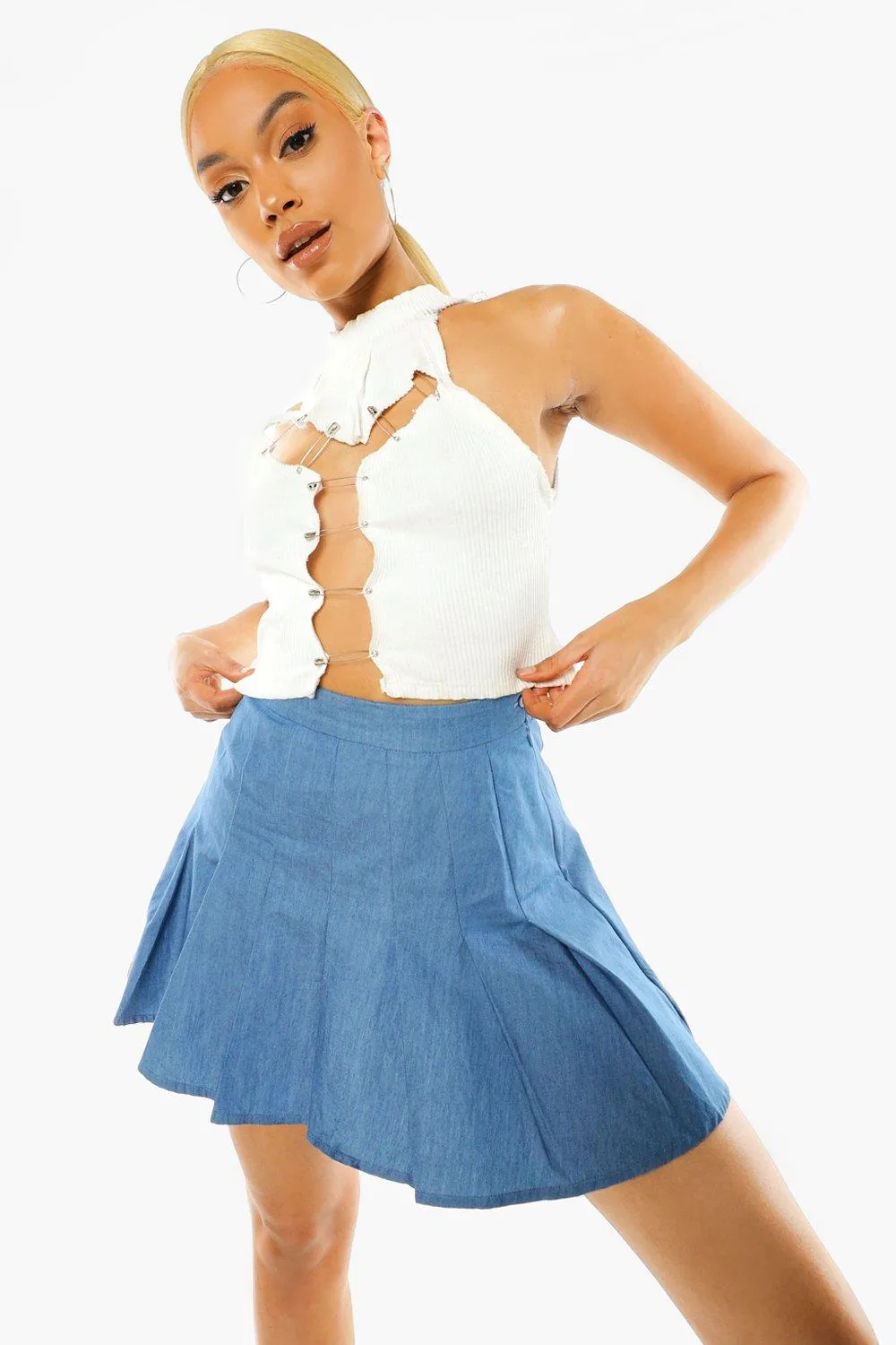 Pleated Denim Tennis Skirt