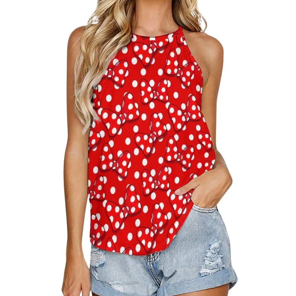 Red With White Polka Dot And Bows Women's Round-Neck Vest Tank Top