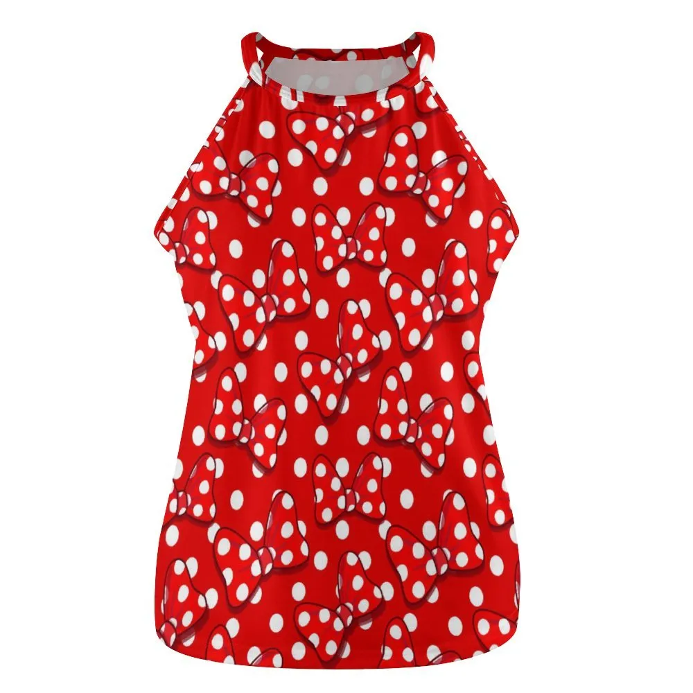 Red With White Polka Dot And Bows Women's Round-Neck Vest Tank Top