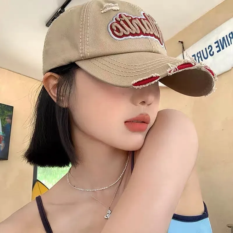 Ripped letter baseball cap women's soft top wide brim big head circumference all-match cap American retro face small hat