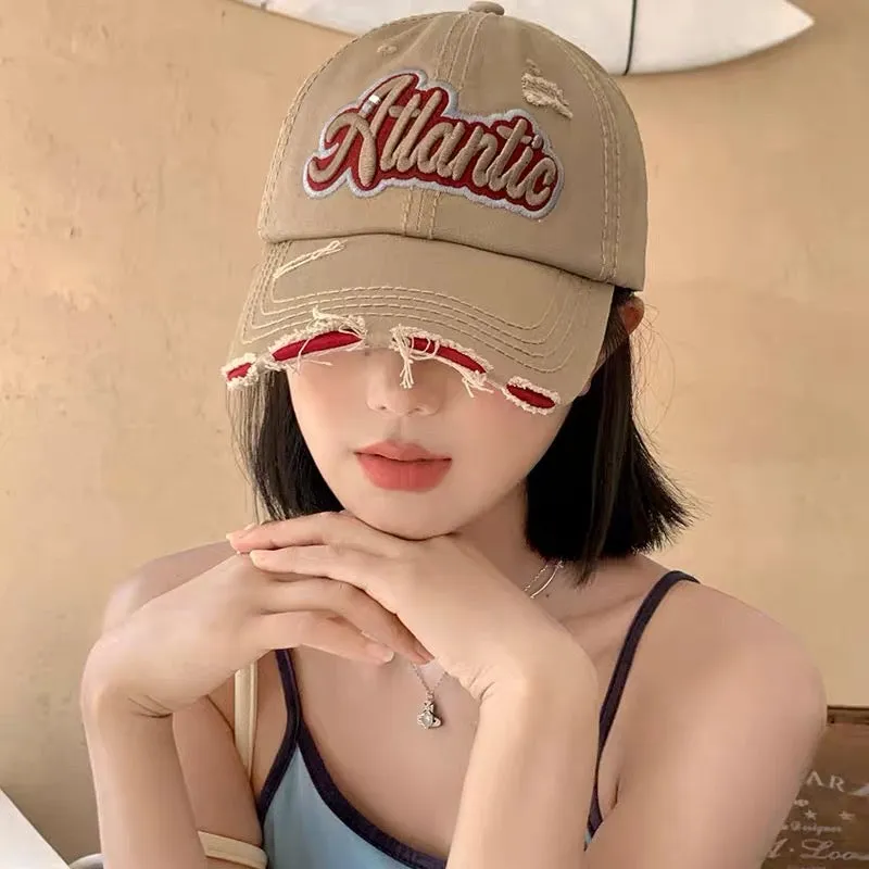 Ripped letter baseball cap women's soft top wide brim big head circumference all-match cap American retro face small hat