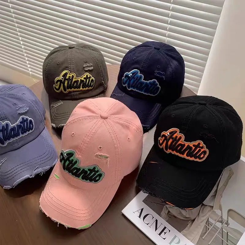 Ripped letter baseball cap women's soft top wide brim big head circumference all-match cap American retro face small hat