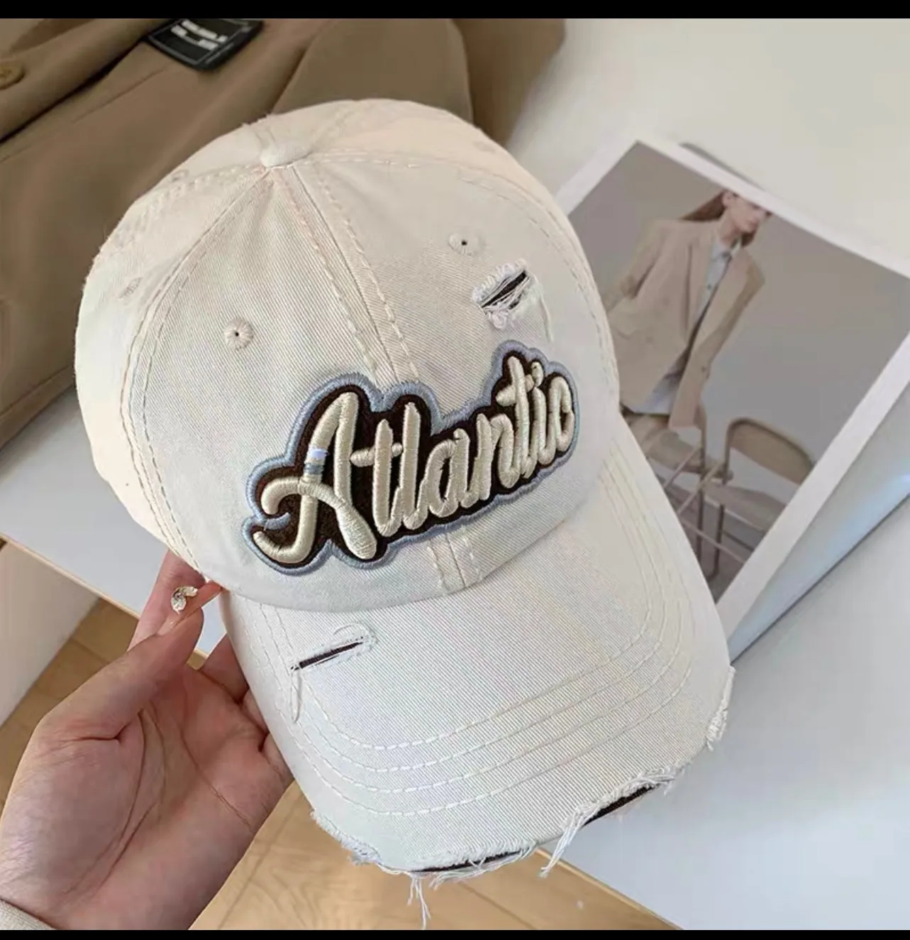 Ripped letter baseball cap women's soft top wide brim big head circumference all-match cap American retro face small hat