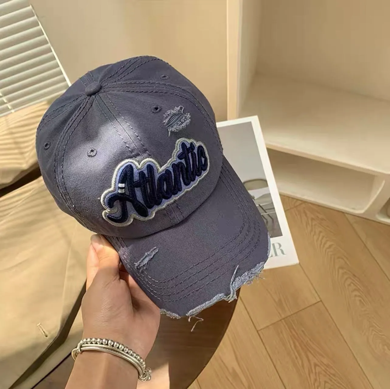 Ripped letter baseball cap women's soft top wide brim big head circumference all-match cap American retro face small hat