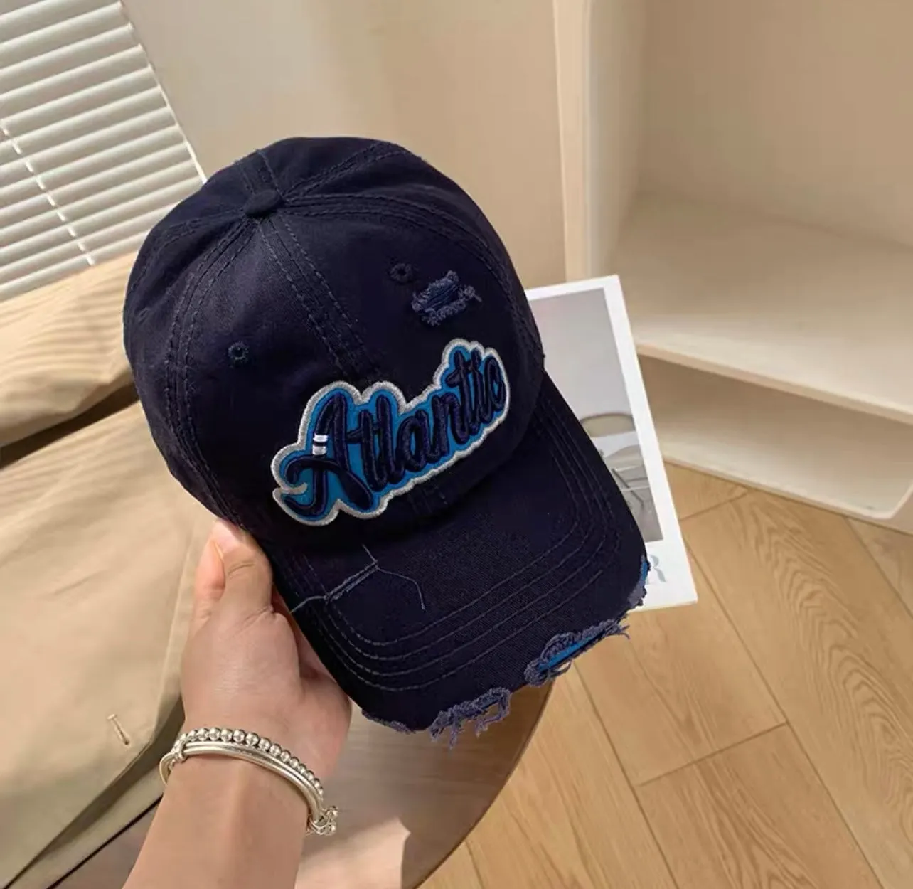 Ripped letter baseball cap women's soft top wide brim big head circumference all-match cap American retro face small hat