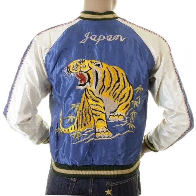 Royal Blue Body Ivory Sleeves Regular Fit Fully Reversible Suka Jacket With Hand Embroidered Tiger and Dragon TT12420