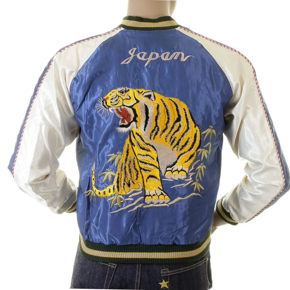 Royal Blue Body Ivory Sleeves Regular Fit Fully Reversible Suka Jacket With Hand Embroidered Tiger and Dragon TT12420