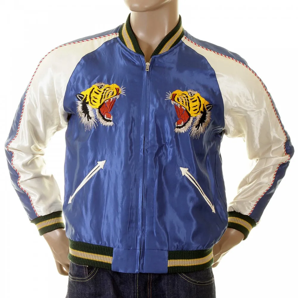 Royal Blue Body Ivory Sleeves Regular Fit Fully Reversible Suka Jacket With Hand Embroidered Tiger and Dragon TT12420