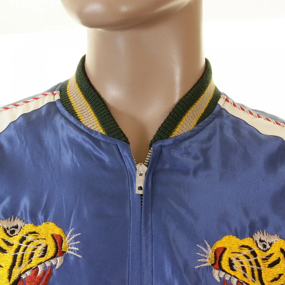 Royal Blue Body Ivory Sleeves Regular Fit Fully Reversible Suka Jacket With Hand Embroidered Tiger and Dragon TT12420