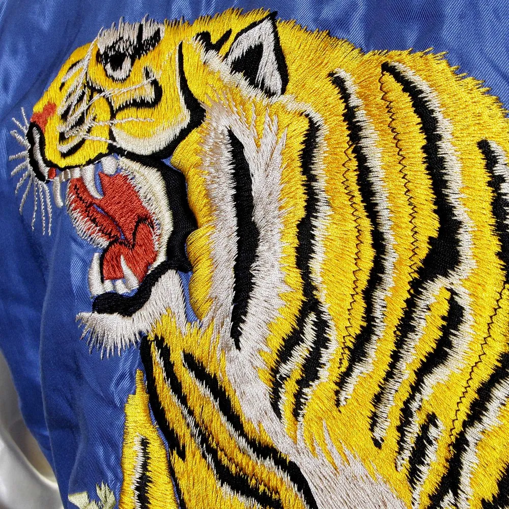 Royal Blue Body Ivory Sleeves Regular Fit Fully Reversible Suka Jacket With Hand Embroidered Tiger and Dragon TT12420