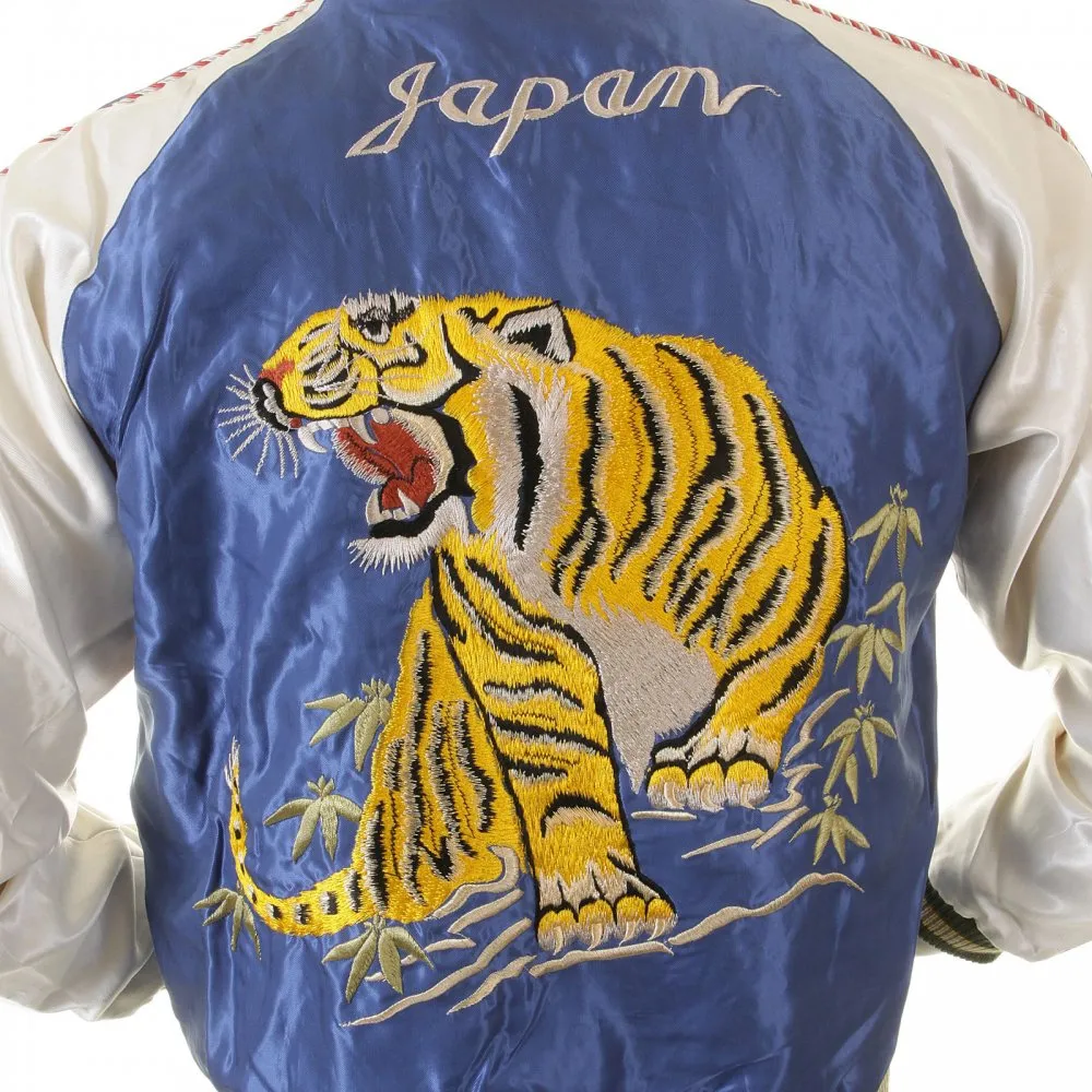 Royal Blue Body Ivory Sleeves Regular Fit Fully Reversible Suka Jacket With Hand Embroidered Tiger and Dragon TT12420