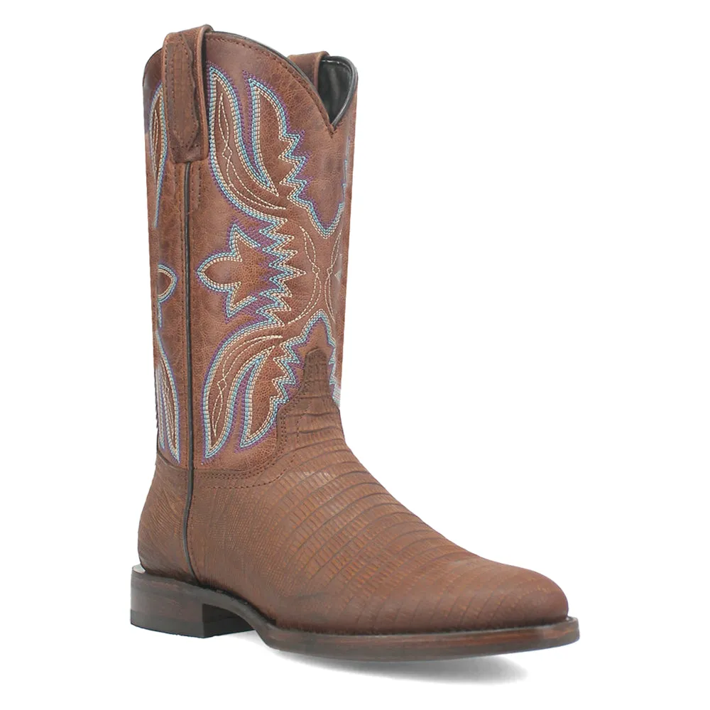 Saw Buck Embroidered Lizard Print Round Toe Cowboy Boots