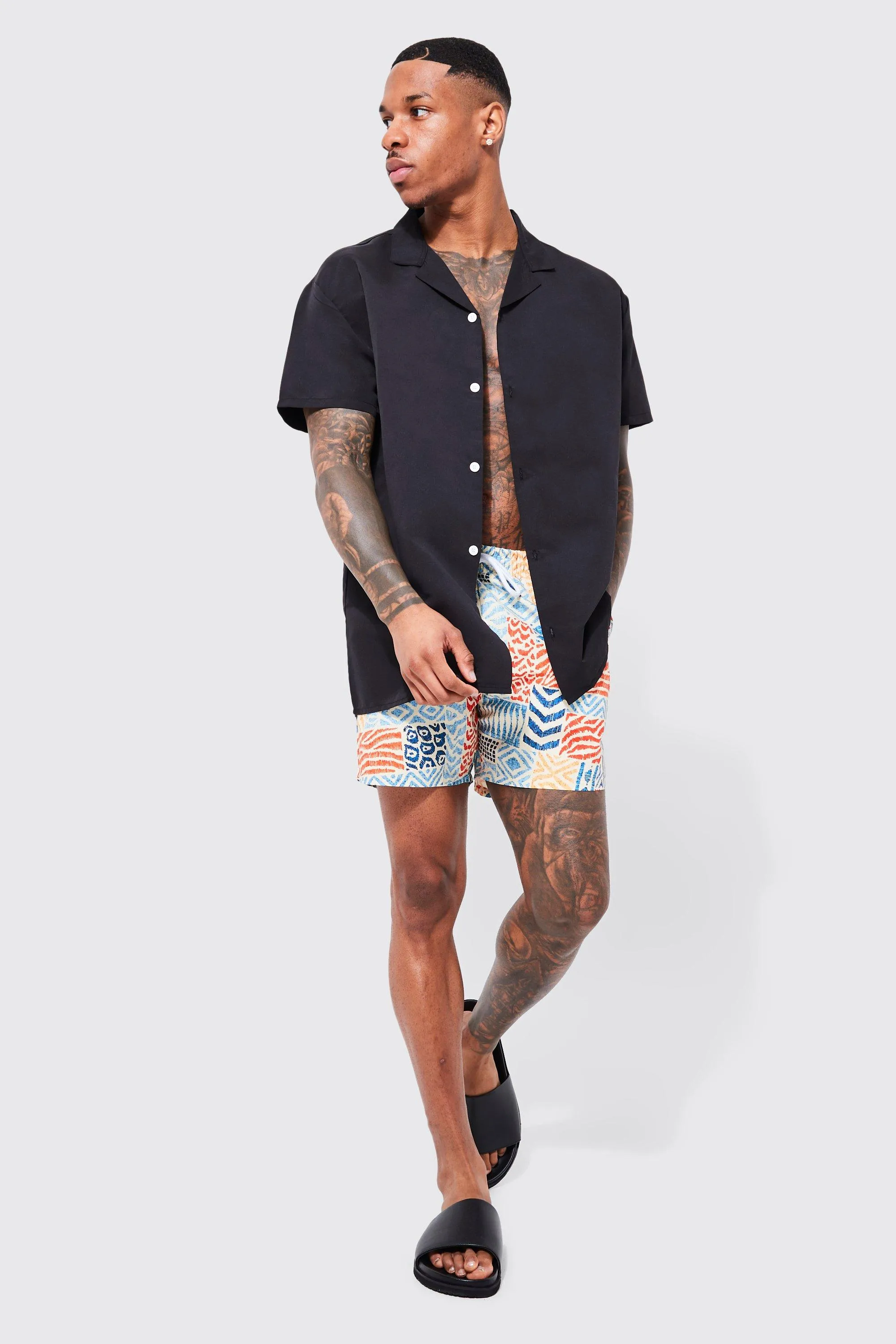 Short Sleeve Aztec Swim Short And Shirt Set | boohooMAN UK