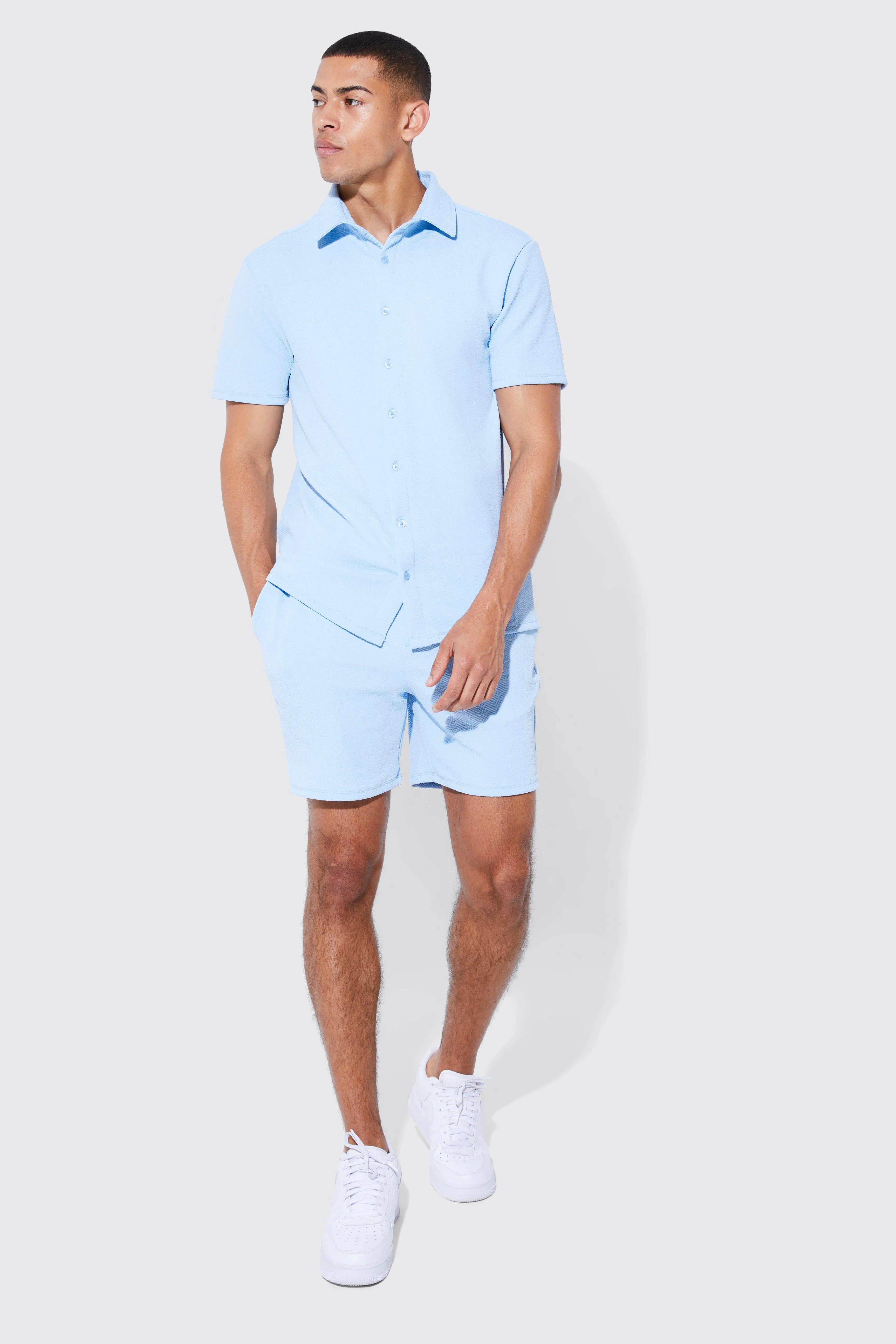 Short Sleeve Jersey Herringbone Shirt And Short Set | boohooMAN UK