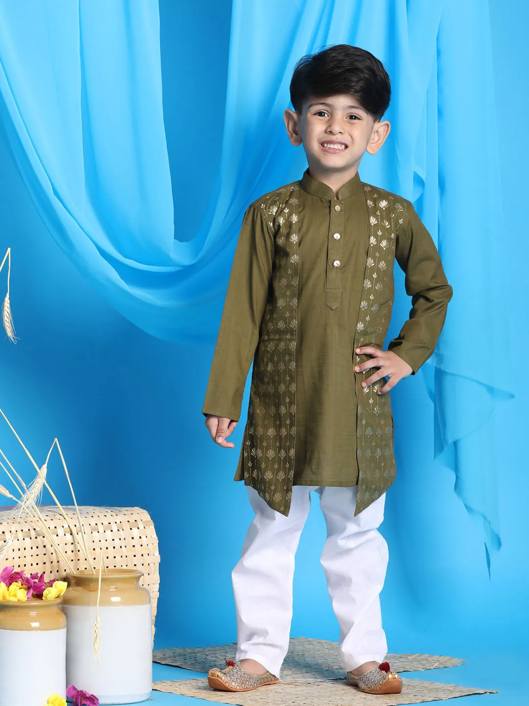 VASTRAMAY Boys' Mint Green Jacket Style Kurta And White Pyjama Set