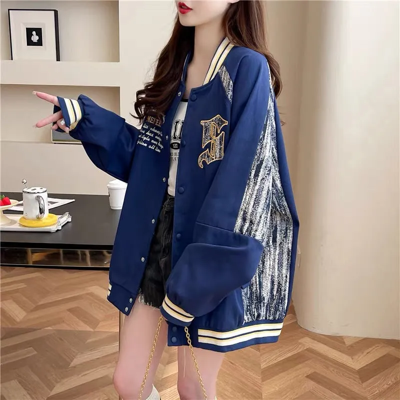 Western design denim splicing cardigan jacket for women 2023 autumn new loose and versatile baseball uniform jacket (S0519)