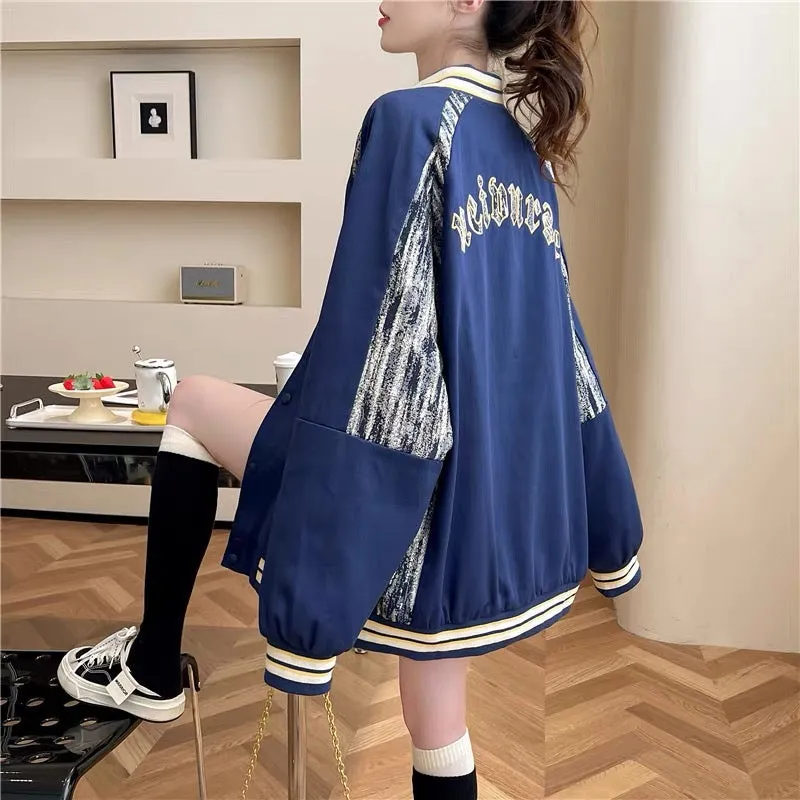 Western design denim splicing cardigan jacket for women 2023 autumn new loose and versatile baseball uniform jacket (S0519)