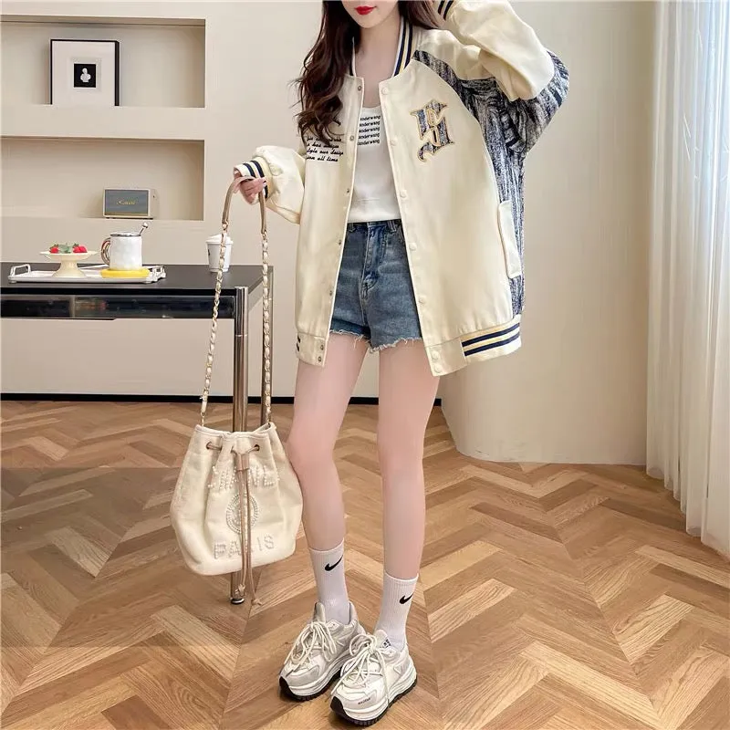 Western design denim splicing cardigan jacket for women 2023 autumn new loose and versatile baseball uniform jacket (S0519)