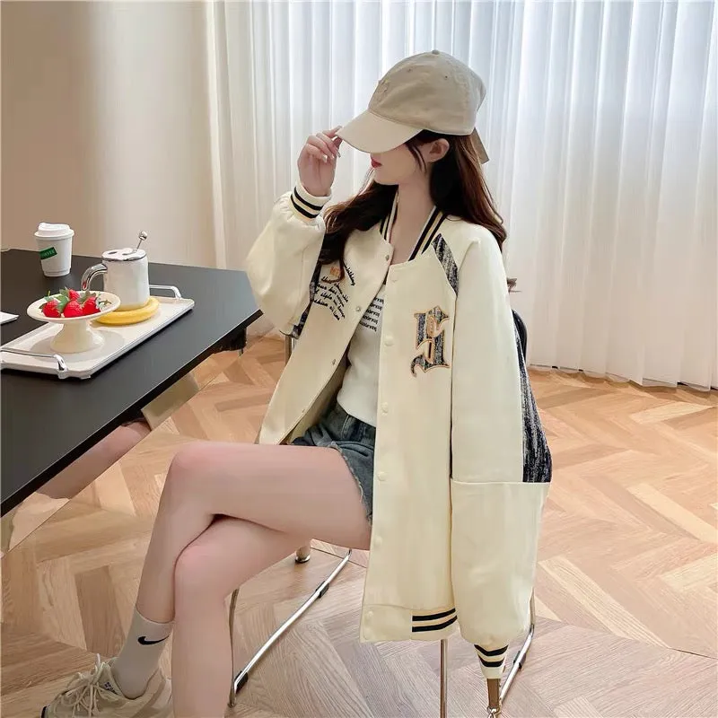 Western design denim splicing cardigan jacket for women 2023 autumn new loose and versatile baseball uniform jacket (S0519)