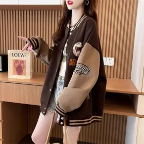 Western style age-reducing design baseball uniform cardigan jacket for women 2023 autumn new loose and versatile Korean style ja