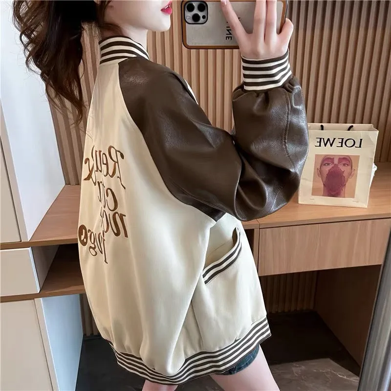 Women's 2023 New Autumn Loose Casual and Versatile Cardigan with Western Style Leather Sleeves Spliced Baseball Uniform Jacket (