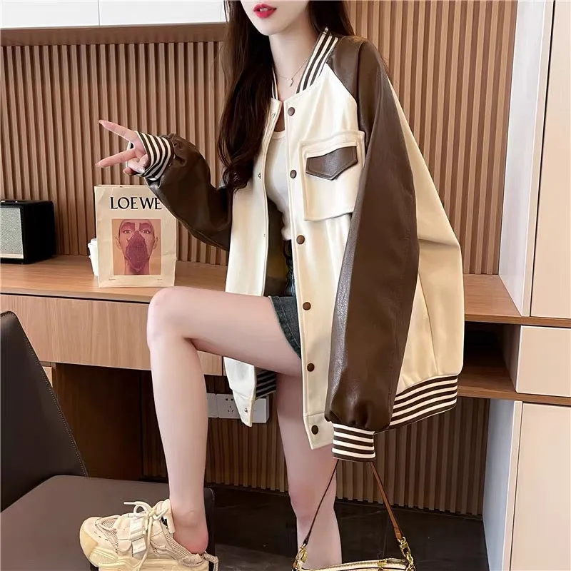 Women's 2023 New Autumn Loose Casual and Versatile Cardigan with Western Style Leather Sleeves Spliced Baseball Uniform Jacket (