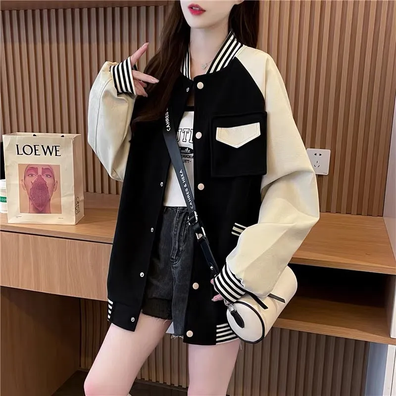 Women's 2023 New Autumn Loose Casual and Versatile Cardigan with Western Style Leather Sleeves Spliced Baseball Uniform Jacket (