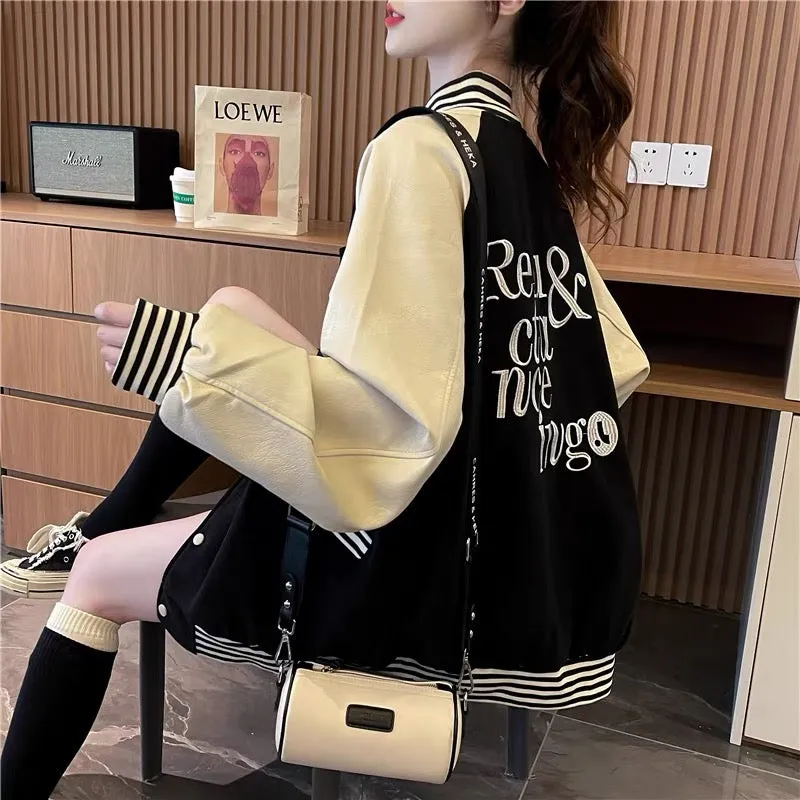 Women's 2023 New Autumn Loose Casual and Versatile Cardigan with Western Style Leather Sleeves Spliced Baseball Uniform Jacket (