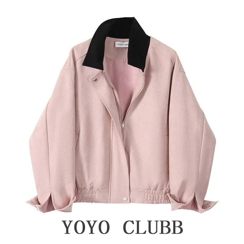 YOYO CLUBB American baseball uniform jacket for women autumn and winter large size loose design contrasting lapel jacket top