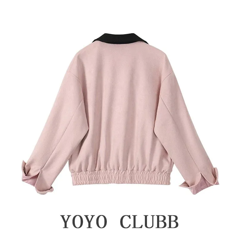 YOYO CLUBB American baseball uniform jacket for women autumn and winter large size loose design contrasting lapel jacket top